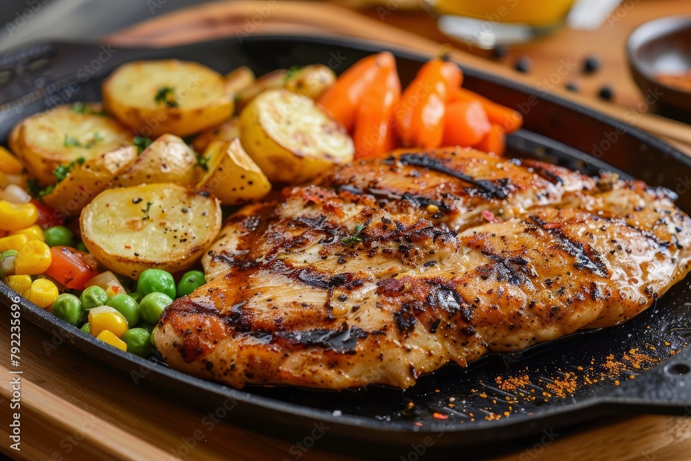 Double portion of original chicken steak menu with additional pieces of fried potatoes, peas, corn and carrots served on a hot plate is tempting - generative ai Double portion of original chicken steak menu with additional pieces of fried potatoes, peas, corn and carrots served on a hot plate is tempting - generative ai
