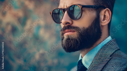 A close-up portrait of a man mustache and beard with sunglasses, conveying a cool or serious expression photo