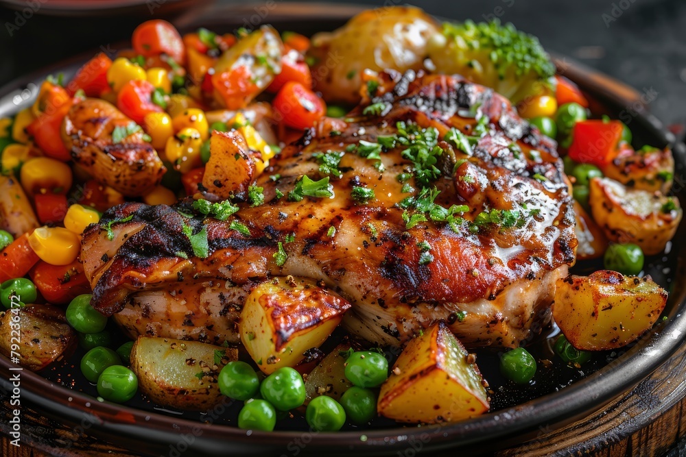 Double portion of original chicken steak menu with additional pieces of fried potatoes, peas, corn and carrots served on a hot plate is tempting - generative ai Double portion of original chicken steak menu with additional pieces of fried potatoes, peas, corn and carrots served on a hot plate is tempting - generative ai