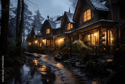 Winter night in the village. Wooden houses in the winter forest. © Iman