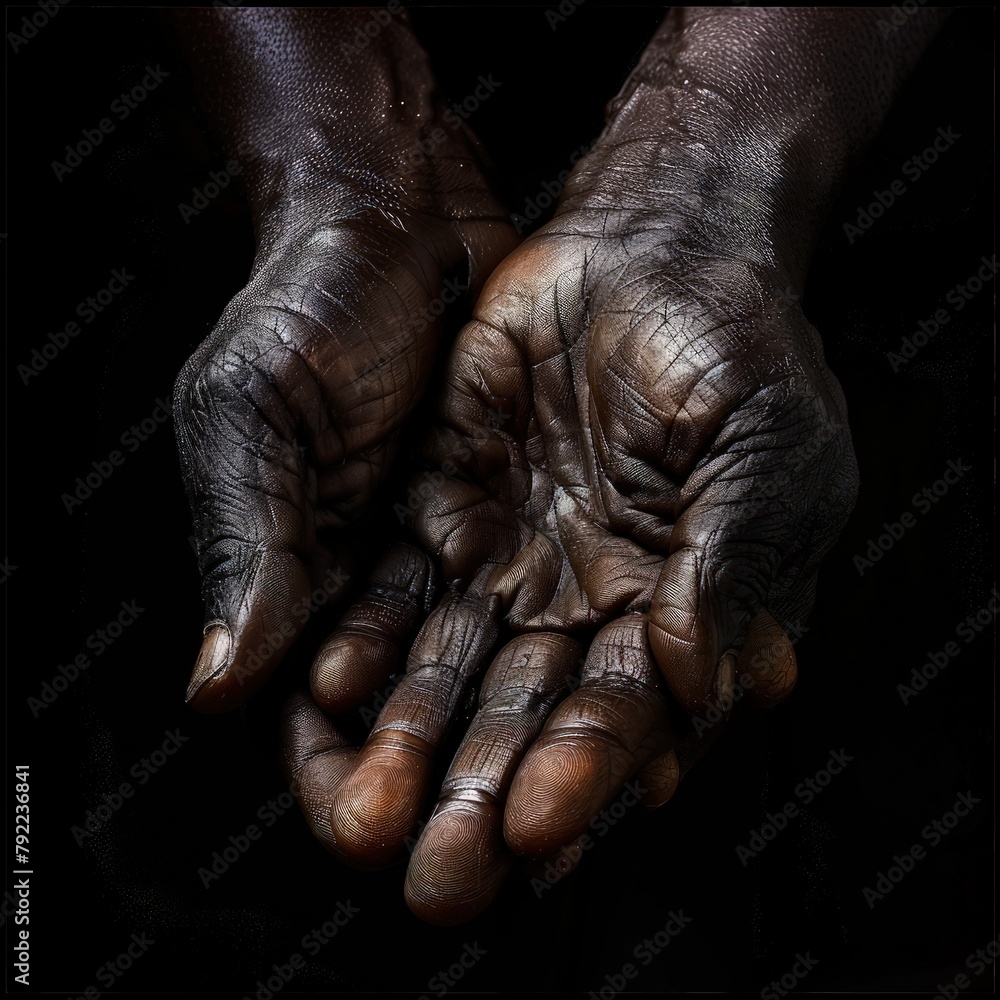African American black hands fingers wrinkled hardship hard worker on black background African American black hands fingers wrinkled hardship hard worker on black background