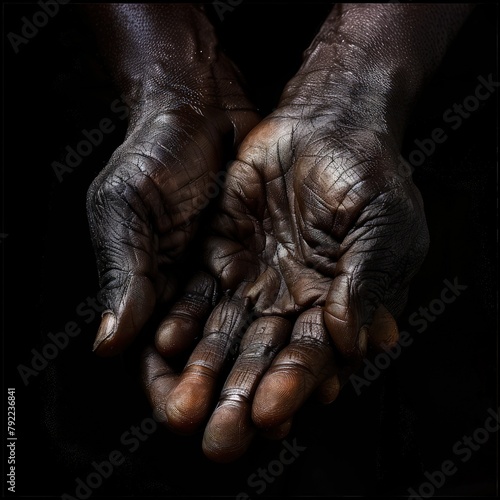 African American black hands fingers wrinkled hardship hard worker on black background