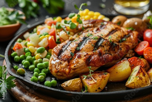 Double portion of original chicken steak menu with additional pieces of fried potatoes, peas, corn and carrots served on a hot plate is tempting - generative ai