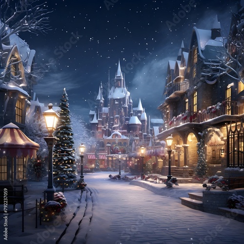 Beautiful winter cityscape at night with snowflakes. Christmas and New Year concept.