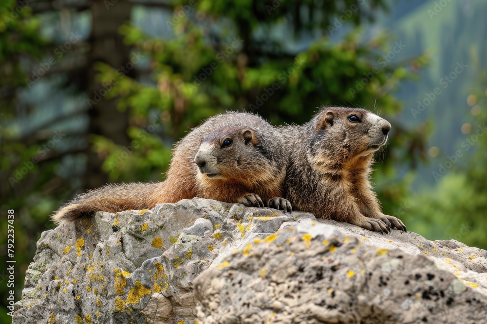 A couple of marmots sunning themselves on a rock A couple of marmots sunning themselves on a rock