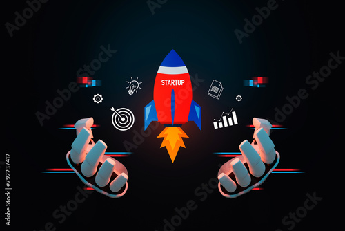 hand robot holding icons about business and investment. business concept