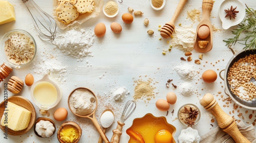 Fototapeta premium Baking ingredients and utensils spread out with room for recipes or instructions