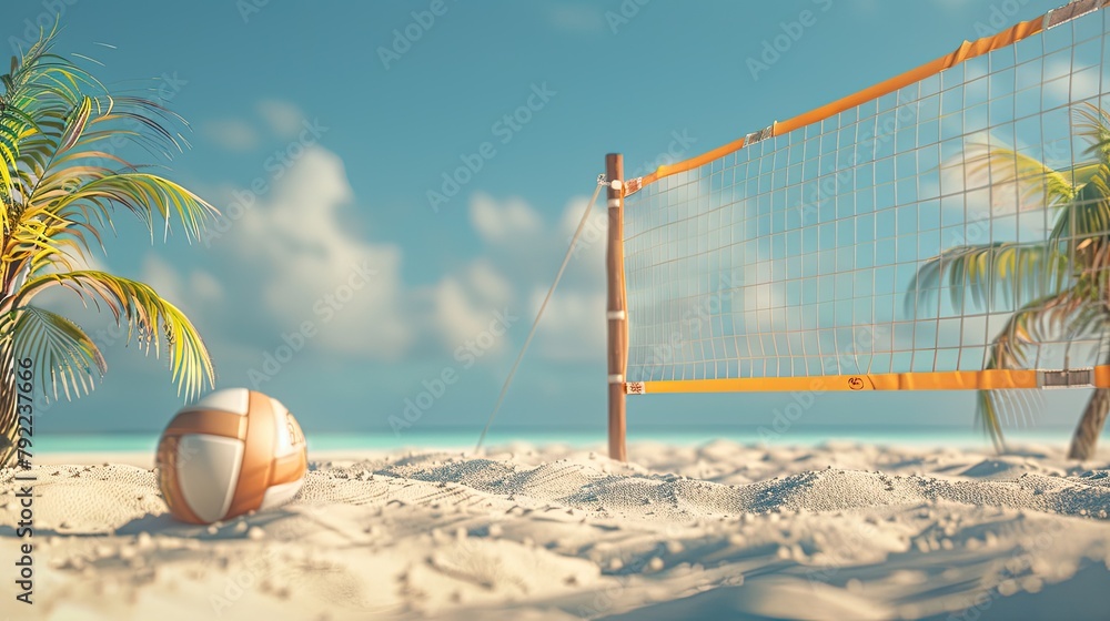 Beach volleyball scene with a net and ball in the sand