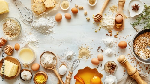 Baking ingredients and utensils spread out with room for recipes or instructions photo