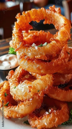 Crispy onion rings piled high with a side of dip