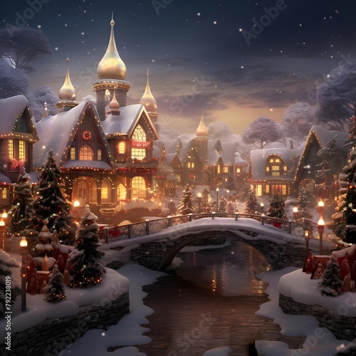 Christmas and New Year background. Winter landscape with Christmas trees, houses and a river.