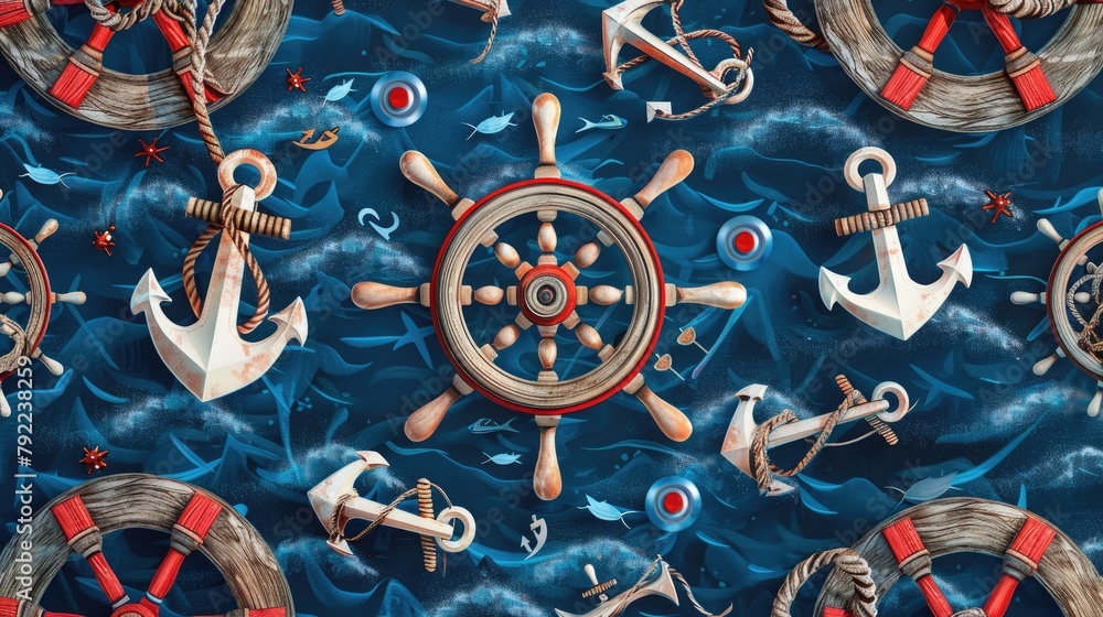 Obraz premium Nautical theme with anchors, wheels, and sailor knots