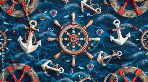 Nautical theme with anchors, wheels, and sailor knots photo