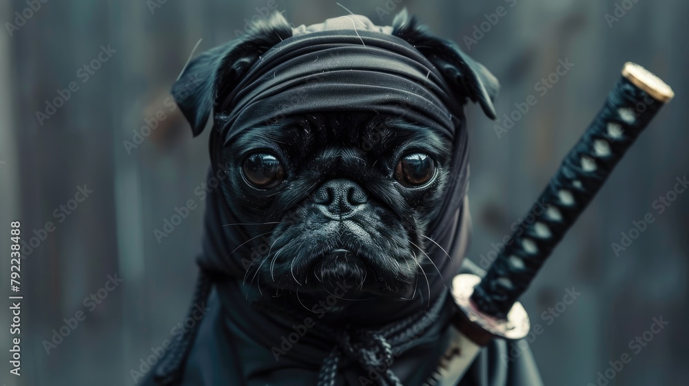 Pug in a ninja costume with a small sword and mask