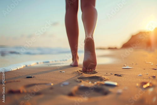 Closeup of woman feet walking on beach