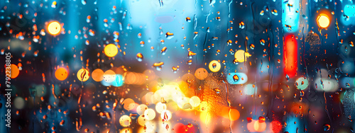 A water rain fall drops on glass with blur traffic car light on urban city outside photo
