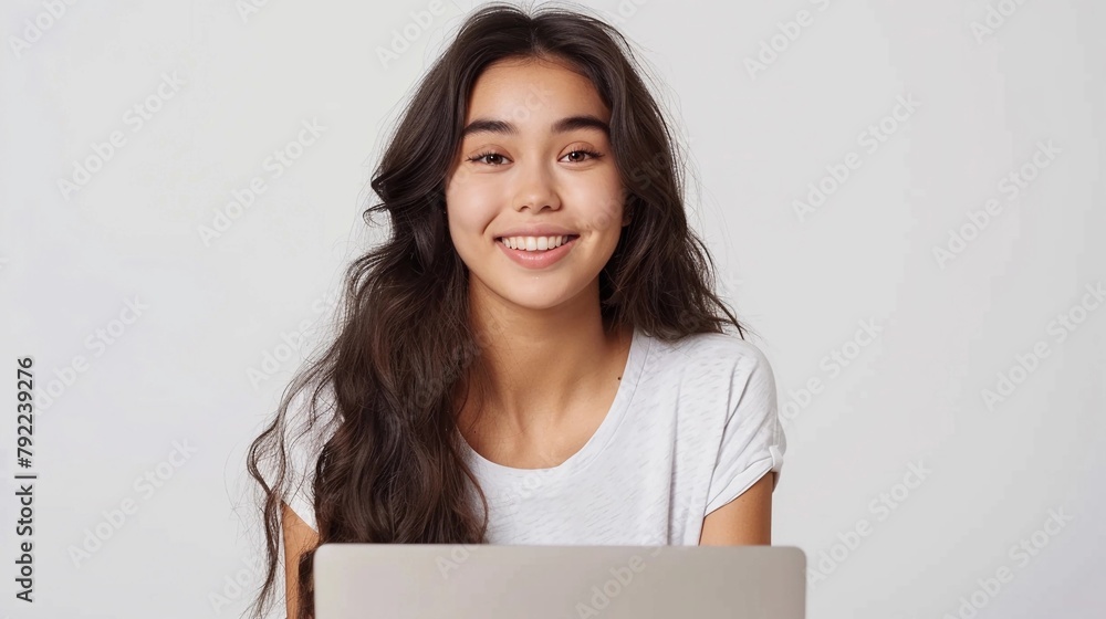 Young smiling pretty woman worker sitting and looking at laptop screen during teleconference, online lecture, isolated on white background Young smiling pretty woman worker sitting and looking at laptop screen during teleconference, online lecture, isolated on white background