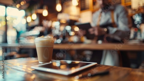 The vibrant atmosphere of a defocused urban coffee shop oozes with creativity as a blurred barista expertly prepares a latte in the background while a sharp image of a tablet and pen .