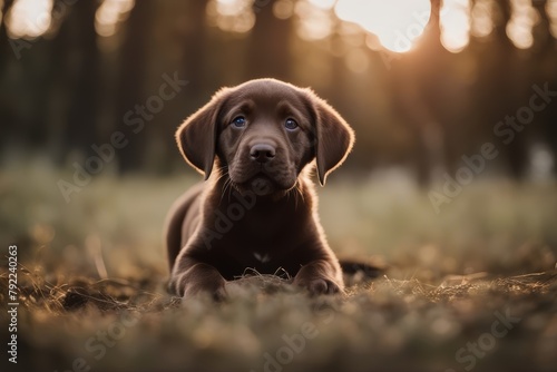 'cute puppy brown labrador lonely dog hunter hunt sad look nice grieved calm retriever obedience stay wait leaves alone eye hunting forest collaborating together friends'