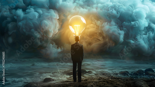 Businessman and light bulb represent a creative idea with bright business potential, at surreal mystic area with smoke on background.