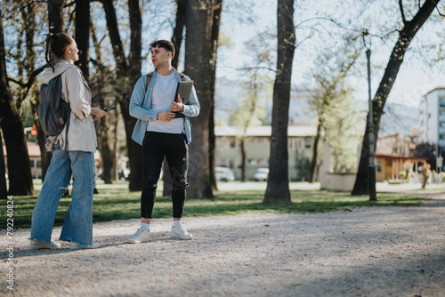 Fototapeta Naklejka Na Ścianę i Meble -  Two young students or friends having a conversation outdoors with books in hand, capturing a moment of academic life.