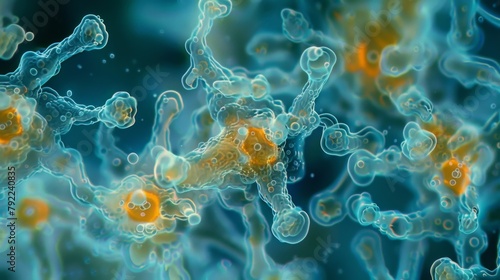 An intricate network of pseudopodia the extended armlike structures of amoeba as they spread across the field of view.