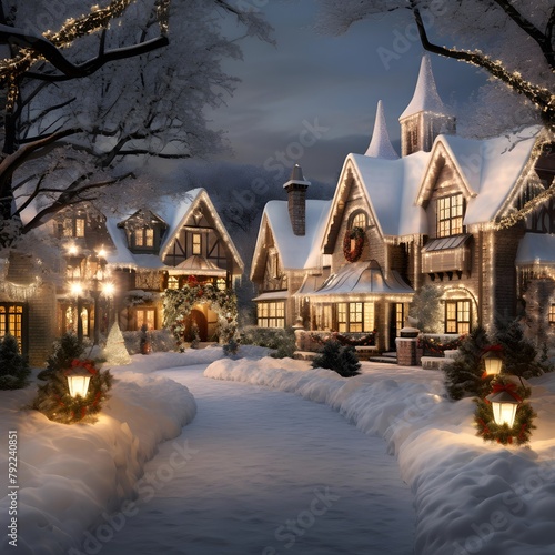 Christmas and New Year holidays background. Winter village with christmas trees, houses and lights at night.