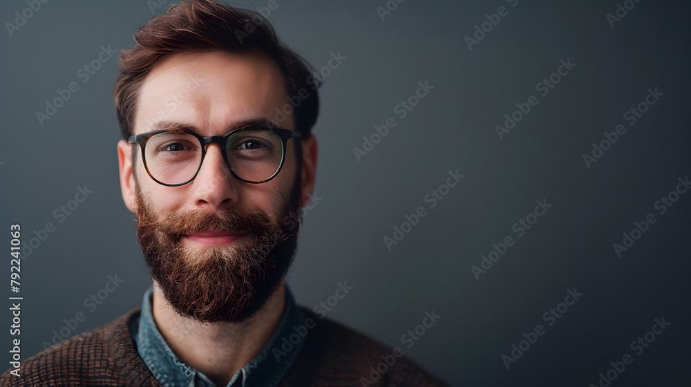 Fototapeta premium A close-up portrait of a serious man with a beard and glasses on studio gray background.