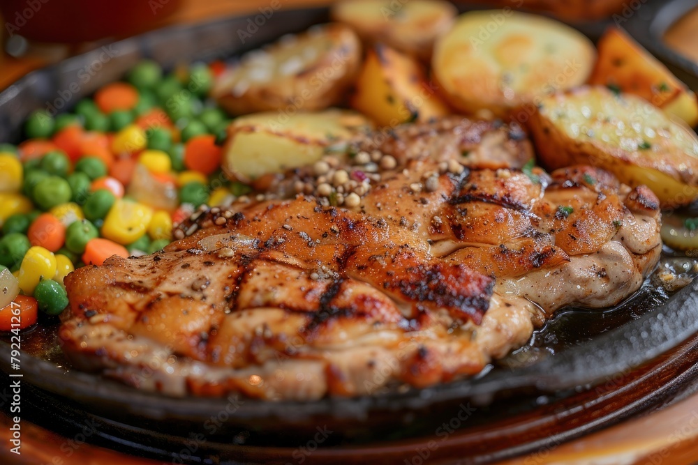 Double portion of original chicken steak menu with additional pieces of fried potatoes, peas, corn and carrots served on a hot plate is tempting - generative ai Double portion of original chicken steak menu with additional pieces of fried potatoes, peas, corn and carrots served on a hot plate is tempting - generative ai