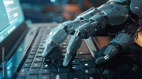 A robot hand is shown typing on a standard keyboard. The robot hand is white and grey, made of metal.