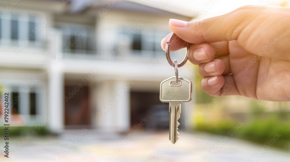 A person is holding a key in front of a house. A person is holding a key in front of a house.