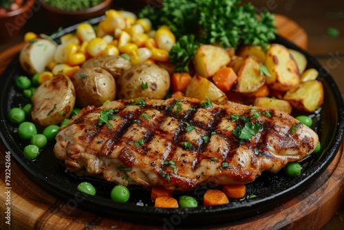 Double portion of original chicken steak menu with additional pieces of fried potatoes, peas, corn and carrots served on a hot plate is tempting - generative ai