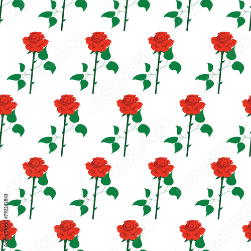 Red rose in flat style. Simple seamless pattern. Vector illustration.