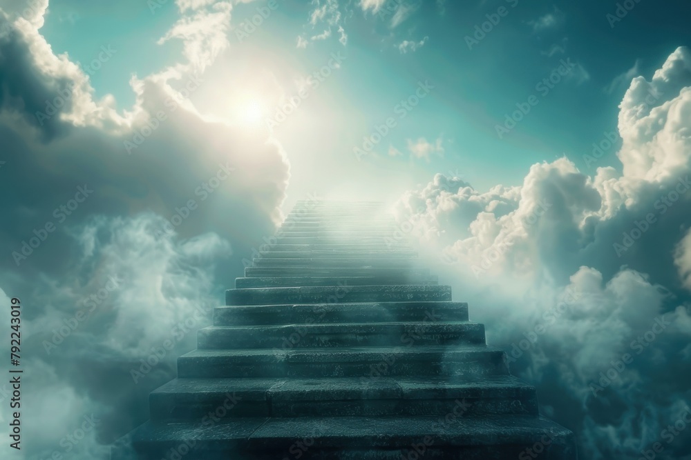 A staircase leading to the sky with clouds in the background. The sky is blue and the sun is shining through the clouds