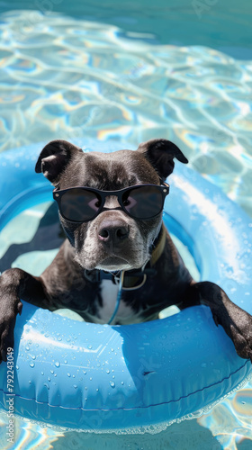 a cool pibull wearing sunglasses floating in a pool floaty photo