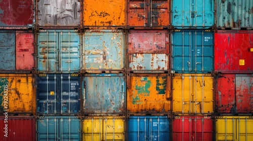 A row of containers with different colors and sizes stacked on top of each other. © Dusit