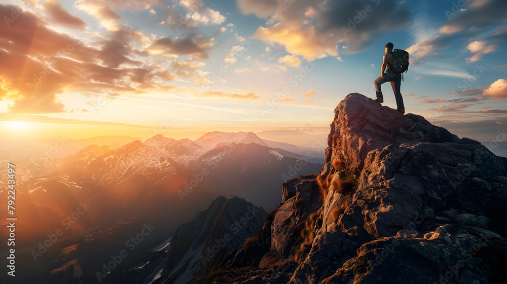 A traveling hiker standing on the top of a mountain with beautiful nature landscape. Life achievement concept.
A traveling hiker standing on the top of a mountain with beautiful nature landscape. Life achievement concept.