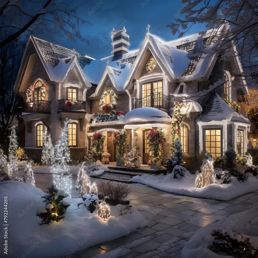 Beautiful christmas house in winter with snow and christmas tree