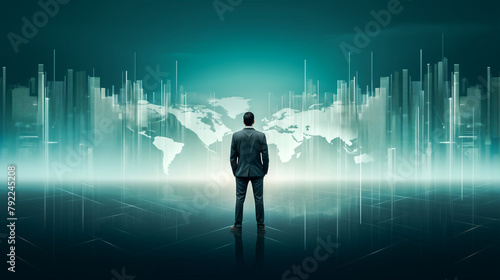 A businessman standing in front of a world map made of glowing lines.