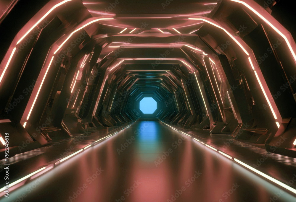 Fototapeta premium 'background tunnel futuristic space abstract lines light ultraviolet 3d neon corridor render empty triangular glowing poduim three-dimensional line triangle'