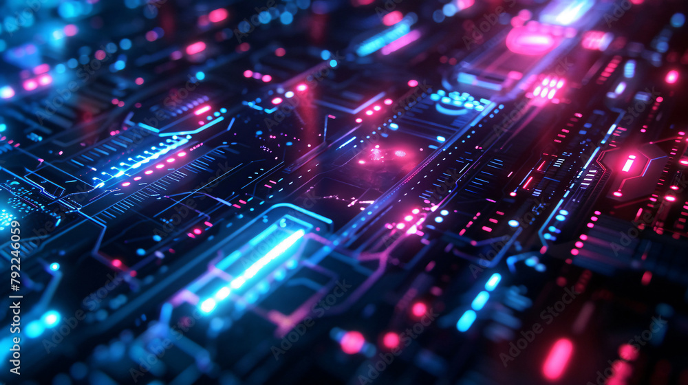 Close-up portrayal of a circuit board's pulsating lights and intricate pathways, embodying the heartbeat of technology. Close-up portrayal of a circuit board's pulsating lights and intricate pathways, embodying the heartbeat of technology.