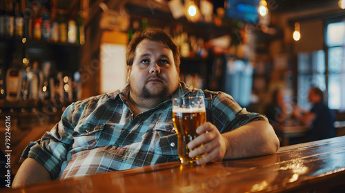 A fat man drinking beer in a bar, sitting hangout chilling at the night.