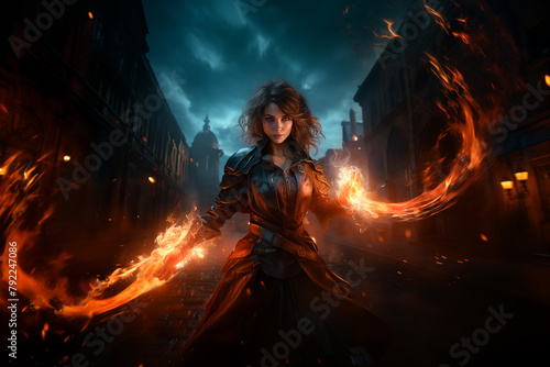 Beautiful Warrior Princess Woman Fairytale Fantasy Heroine Sword Flames Fighter Character © mexitographer