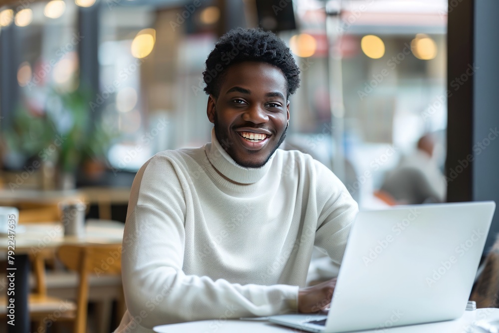 Happy African American man working on a laptop. Generate AI image Happy African American man working on a laptop. Generate AI image