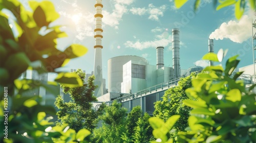Modern power plant with tree, Green industry eco power for sustainable energy saving environmental plants