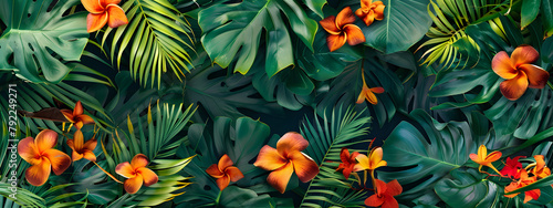 A tropical and botanical house plant leaf, a splash of bright orange and yellow to the natural scene photo