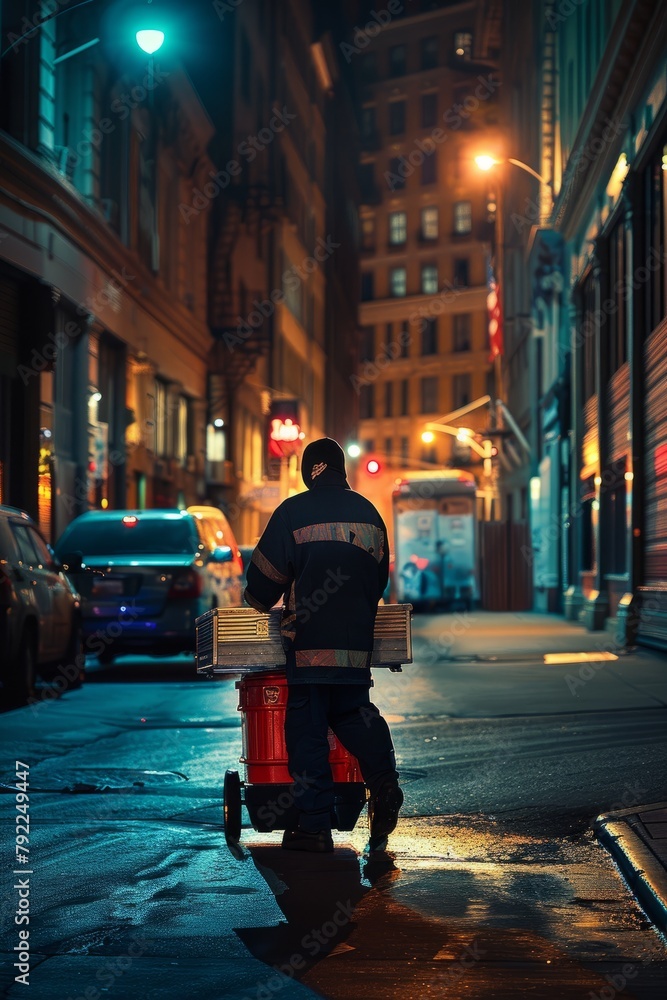 Delivery driver navigating empty streets while making nighttime deliveries, ensuring packages reach their destinations on time, Generative AI