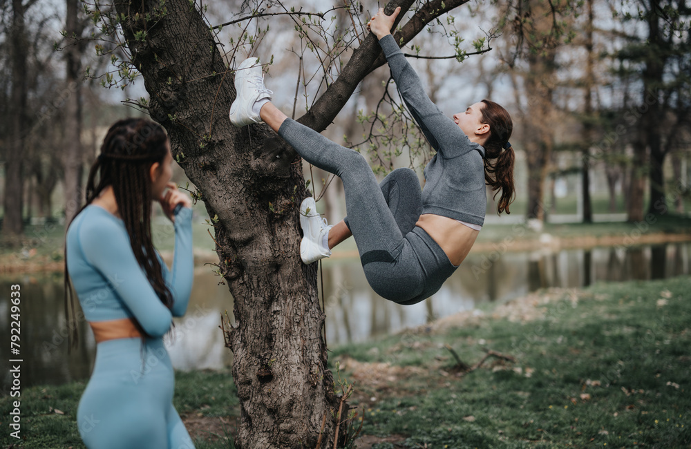 Fototapeta premium Athletic women engaged in sports activities on a tree in a scenic park setting, promoting health and fitness.