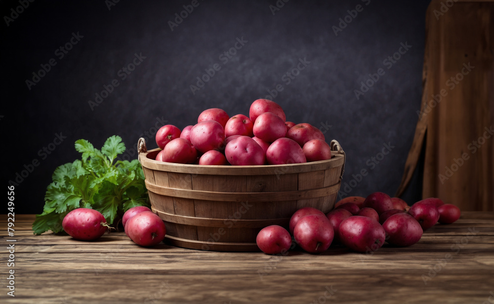 Isolated Potato wooden Basket. Red, maroon color Isolated Potato wooden Basket. Red, maroon color