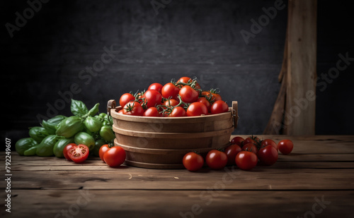 Wooden basket full with Fresh red  small Tomato